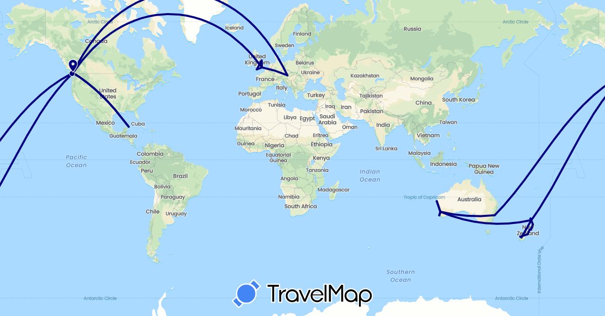 TravelMap itinerary: driving in Austria, Australia, Canada, United Kingdom, Mexico, New Zealand (Europe, North America, Oceania)